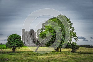 Ruins of old Bective Abbey from 12th century with green trees, pasture and moody dark sky