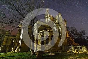 Ruins of the old castle. Night shot of ancient house debris