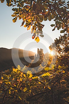 Ruins of the old castle Strecno illuminated by sunset light towering on a steep cliff surrounded by orange-red forest in autumn.