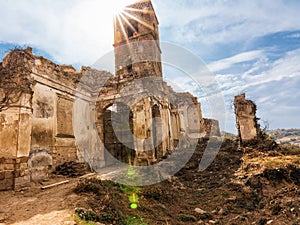 Ruins of the old church in the uninhabited town of Celleno Italy