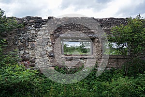 Ruins of old estate buildings made from red brick and stone.