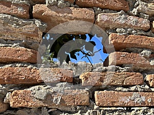 Ruins of an old fortress, a hole in the stone. Hole in the ancient fortress wall. Brick structure with a through hole