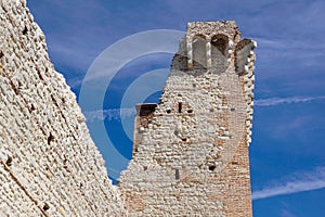 Ruins of old medieval castle . fortified wall and tower detail brick