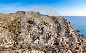 Ruins of old mineral loading dock near Agua Amarga village in Cabo de Gata, Spain