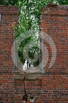 Ruins of an old red brick building
