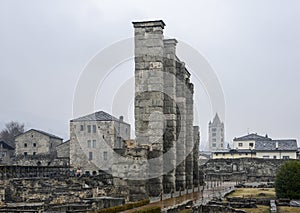 Ruins of old Roman theatre built in the late reign of Augustus in Aosta, Italy photo