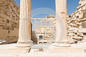 Ruins of old temple of Athena Polias near Parthenon temple, Athens, Greece