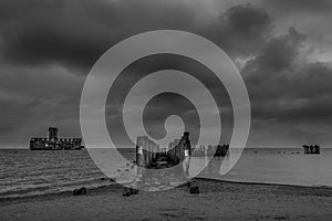 Ruins of Old Torpedownia Hexengrund on Baltic Sea in Babie Doly, Gdynia, Poland