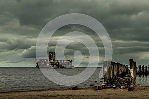 Ruins of Old Torpedownia Hexengrund on Baltic Sea in Babie Doly, Gdynia, Poland