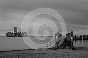 Ruins of Old Torpedownia Hexengrund on Baltic Sea in Babie Doly, Gdynia, Poland