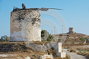 Ruins of old windmills at Santorini, Greece.