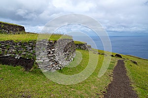 Ruins of Orongo village on Rapa Nui, Easter Island, Chile