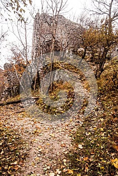 Ruins of Ostry kamen castle in autumn Male Karpaty mountains in Slovakia