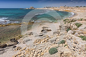 Ruins of the Palace on the reef in Caesarea Maritima, Medeterranian sea, Israel.