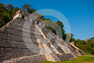 Ruins of Palenque against the blue sky, Maya city in Chiapas, Mexico