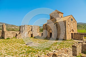 Ruins of Panagia tou Sinti ortodox Monastery with temple in the center, Cyprus