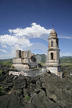 Ruins of the paricutin church in michoacan, mexico.