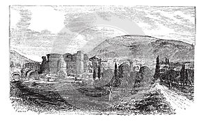 The ruins of Pergamon or Pergamum in Turkey vintage engraving