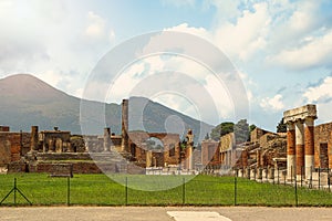 Ruins of Pompeii overlooking Mount Vesuvius in the distance, Campania, Italy