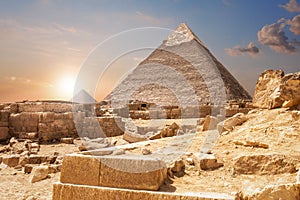 Ruins and the Pyramids, beautiful view of Giza, Egypt