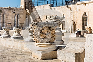 Ruins and remains of columns next to the Al-Aqsa Mosque  located in the Old City of Jerusalem, the third holiest site in Islam.