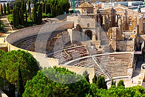 Ruins of roman amphitheater in Cartagena port city, southeastern Spain