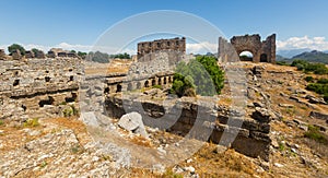 Ruins of the roman bazilica and nymphaeum in the antiquity city of Aspendos