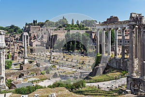 Ruins of Roman Forum in city of Rome, Italy