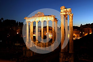 Ruins of the Roman Forum by night