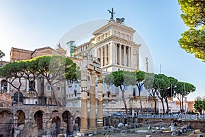 Ruins of Roman Forum and Vittoriano monument in Rome, Italy