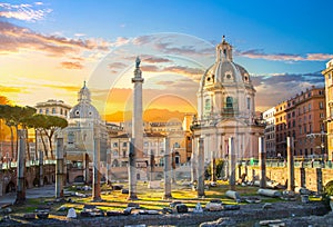 Ruins of Roman`s forum at sunset, ancient government buildings started 7th century BC. Rome Italy