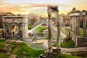 Ruins of Roman`s forum at sunset, ancient government buildings started 7th century BC. Rome