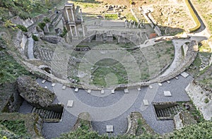 ruins of Roman theatre aerial, Volterra, Italy