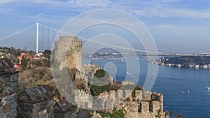 Ruins of Rumelian Castle against the Bosphorus strait in Islantul, Turkey