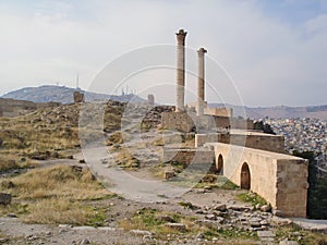 Ruins of Sanliurfa Castle with two columns of Korinth heads over the castle