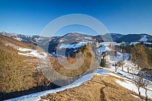 Ruins of Sklabina castle in winter, Slovakia