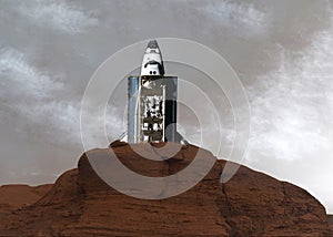 Ruins of the space shuttle somewhere in Mars mountains