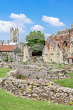 Ruins of St Augustines Abbey with Canterbury Cathedral in the b