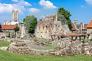 Ruins of St Augustines Abbey with Canterbury Cathedral in the b