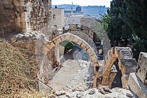 The ruins of the St. Mary Germanica hospital early morning in the Old City of Jerusalem, Israel