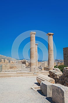 The ruins of the stoa psithyros at the Lindos acropolis