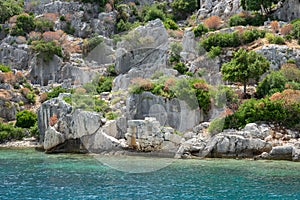 Ruins of sunken ancient city of Dolichiste on Kekova Island