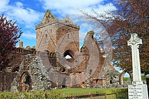 Ruins of Sweetheart Abbey and Cloisters on Sunny Spring Day, New Abbey, Scotland, Great Britain