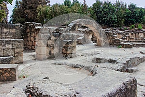 The ruins of the synagogue near necropolis in the Bet She`arim National Park. Kiriyat Tivon city in Israel