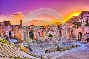 The Ruins of Taormina Theater at Sunset.