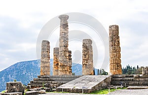 Ruins of the Temple of Apollo at Dephi where the Oracles prophesied during ancient Greek and Roman times high up in the mountains