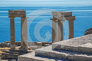 Ruins of Temple of Athena Lindia, on Acropolis of Lindos, Lindos, Rhodes island, Greece