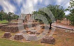 Ruins of a temple & Buddhist stupas as seen inside Sanchi Heritage complex