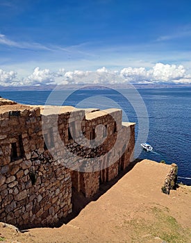 Ruins of Temple of the Sun in the south of the Isla del Sol or Island of the Sun, Lake Titicaca, Department La Paz, Andes, Bolivia photo