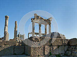 Ruins of the temple of Trojan in the ancient city of Pergamum, Izmir, Turkey